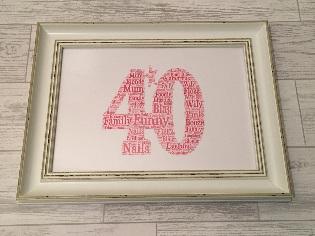 Birthday Age Number Word Art Print | Framed A4 | Personalised with your words.