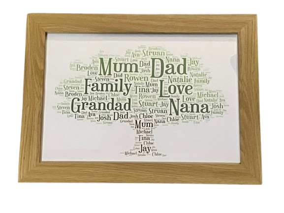 Family Tree Typography Framed Print. Perfect for any occasion.