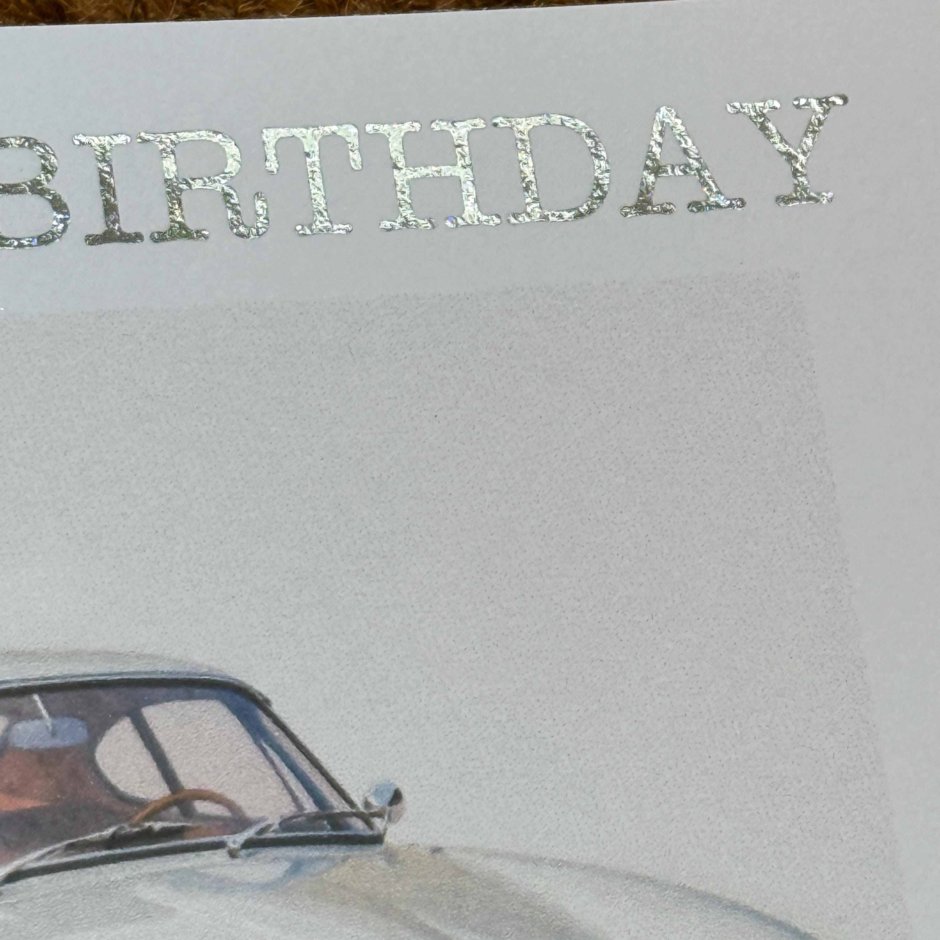 Silver Classic Sports Car Birthday Card | Watercolour Style | Personalised Foiled Message (6x6)