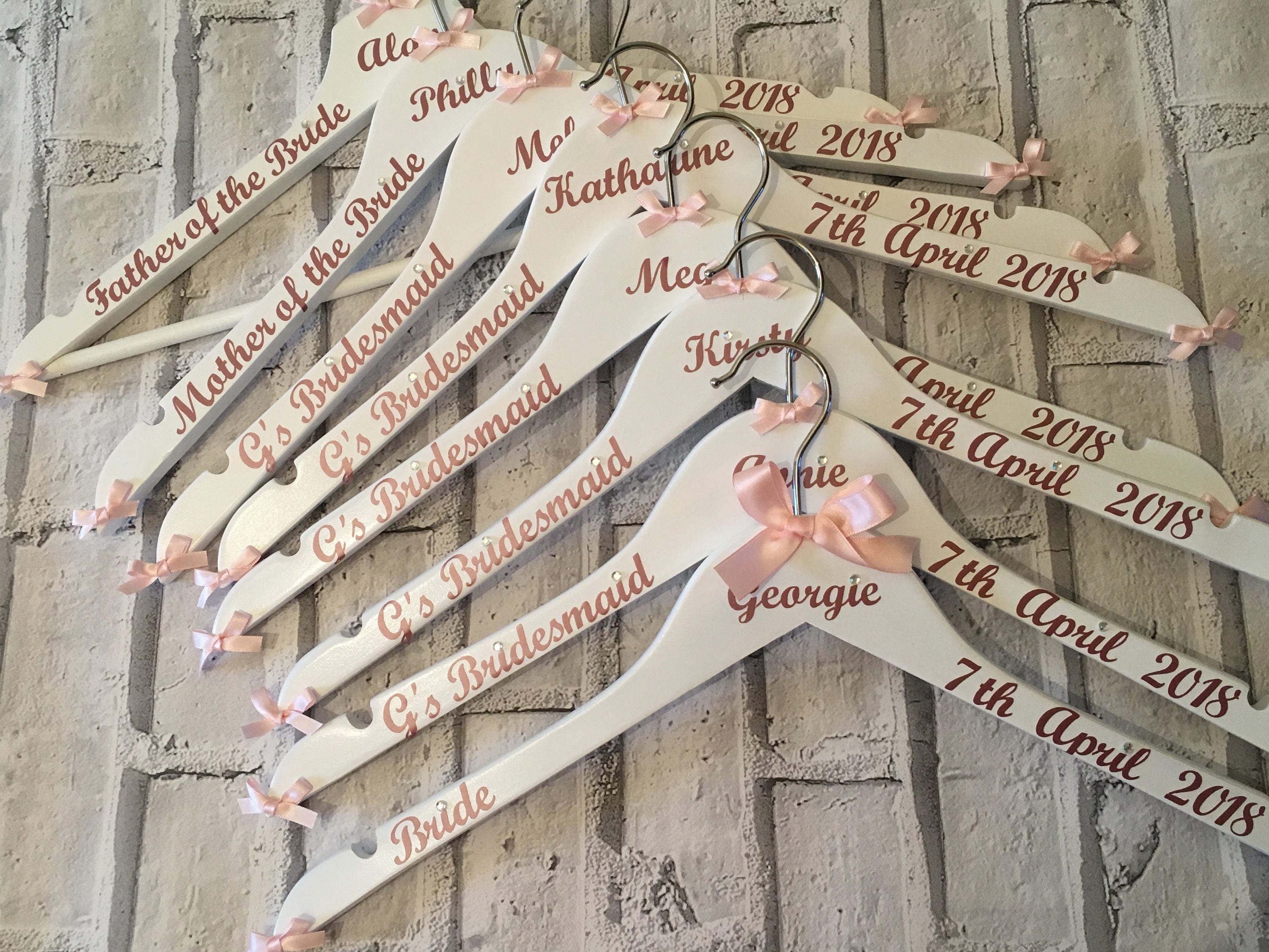Personalised Wedding Hangers - Set of 8 - Customised with name, date and role - Bows and Writing to match your colours