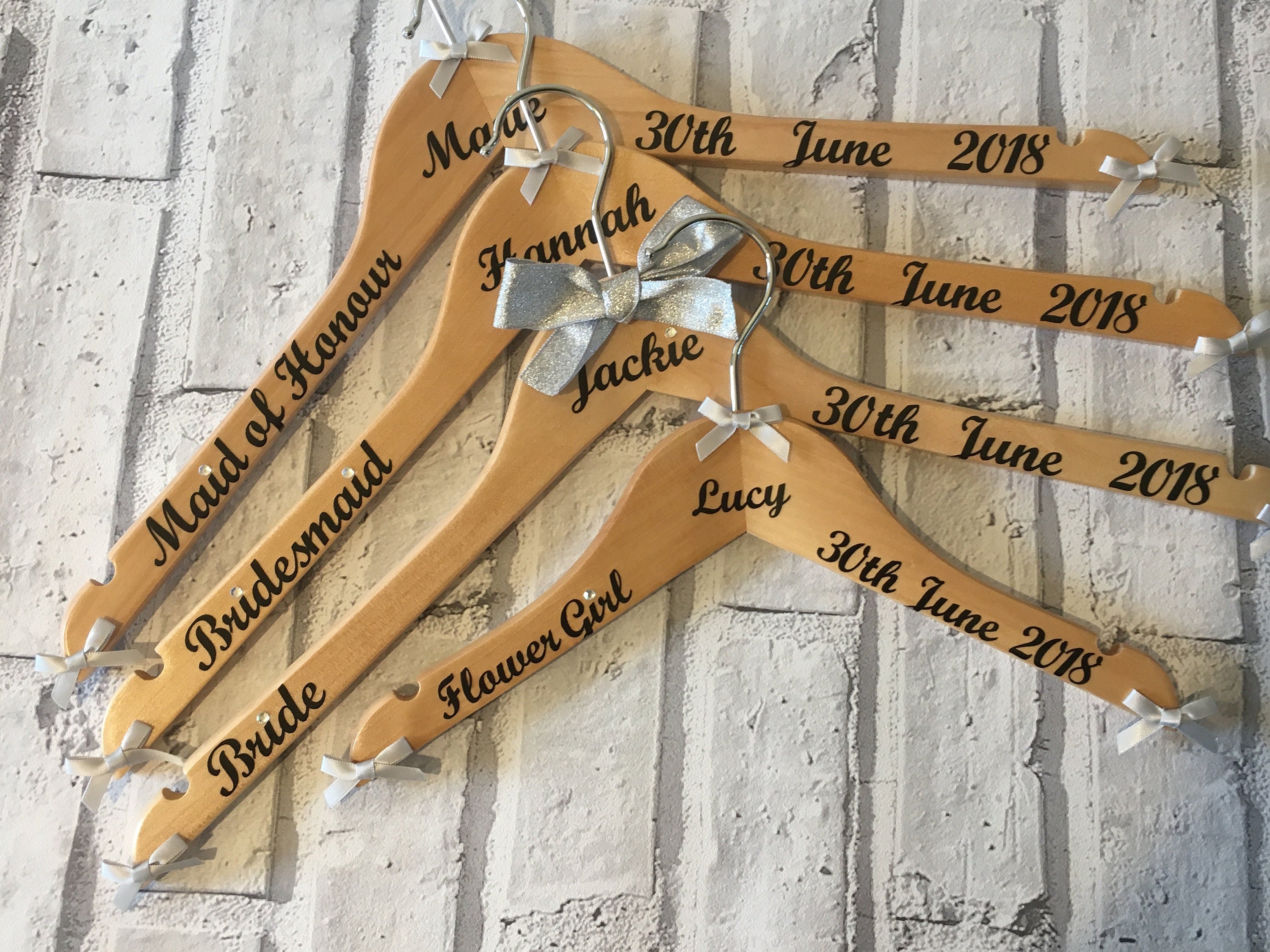 Personalised Wedding Hangers - Set of 8 - Customised with name, date and role - Bows and Writing to match your colours