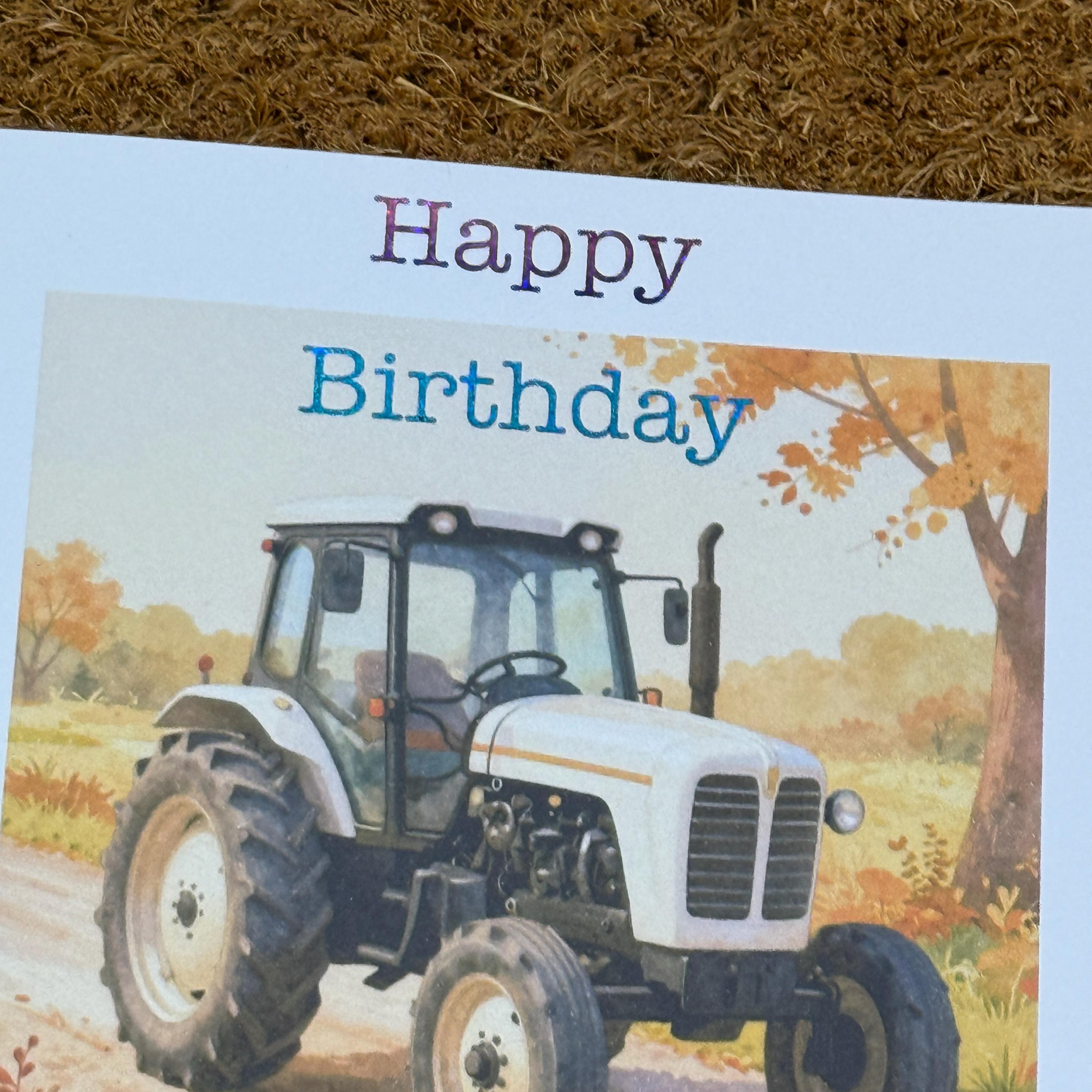 Classic White Tractor Birthday or Fathers Day Card | Watercolour Style Farm Machinery, Personalised Foiled Message