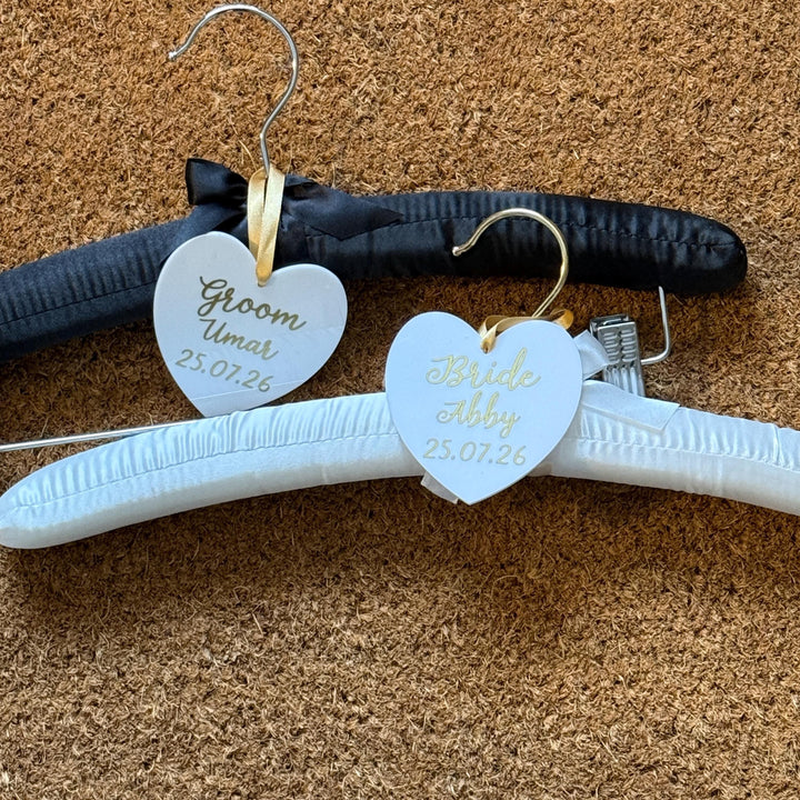 Satin Bride and Groom Padded Hangers - Personalised hearts - Choice of Colours