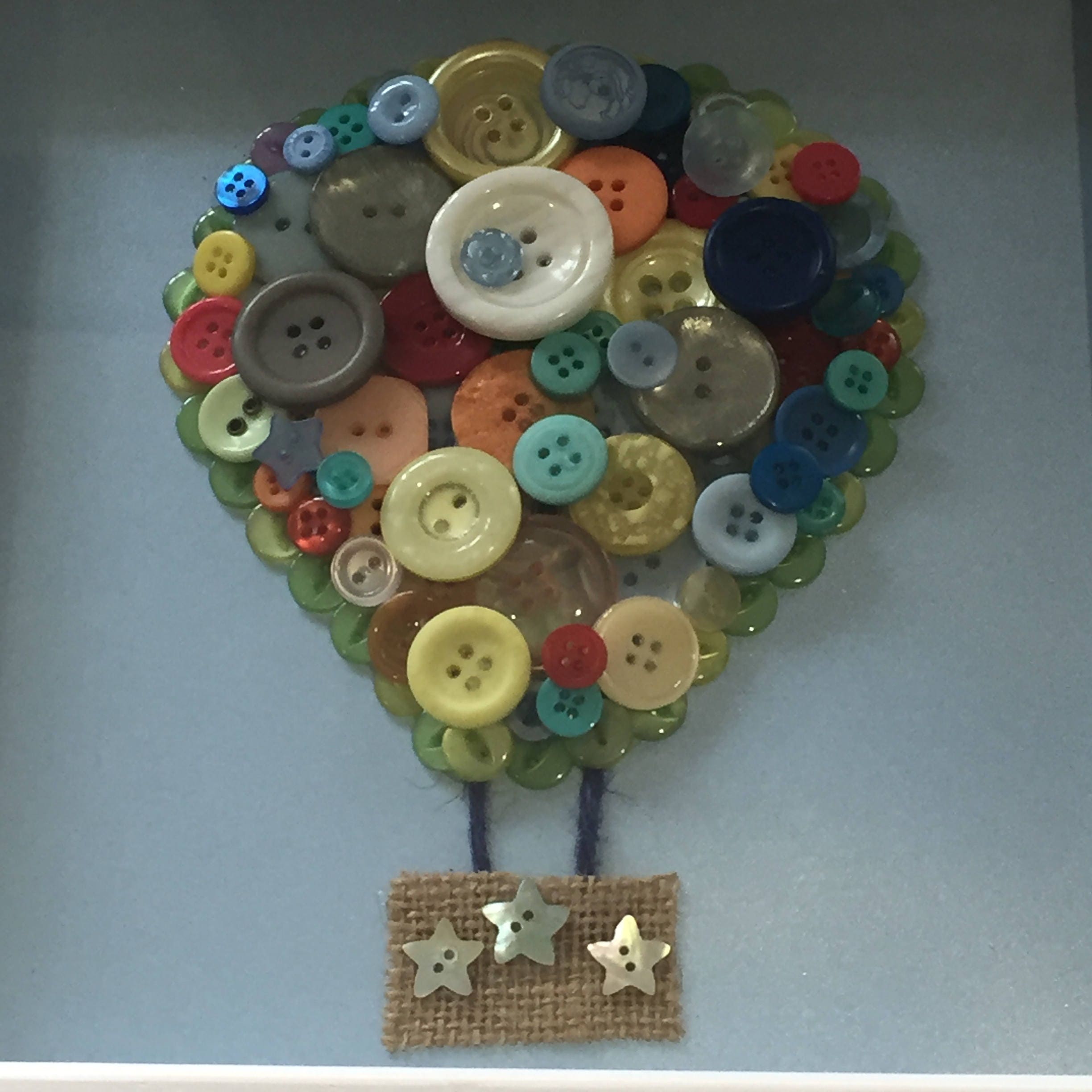 Hot Air Balloon Button Art in White Wood Frame, Nursery Decor
