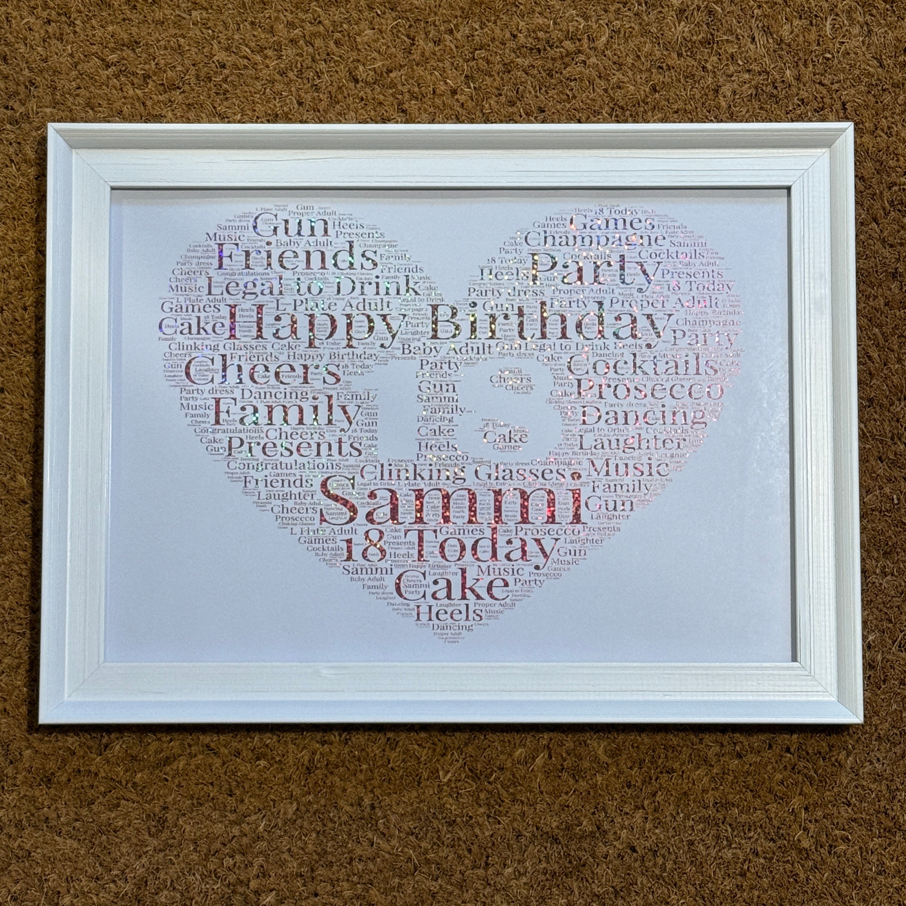 Special Birthday Foiled Personalised Heart - Framed A4 Print - Your words create the picture.