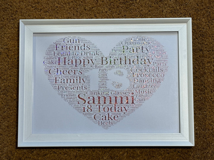 Special Birthday Foiled Personalised Heart - Framed A4 Print - Your words create the picture.