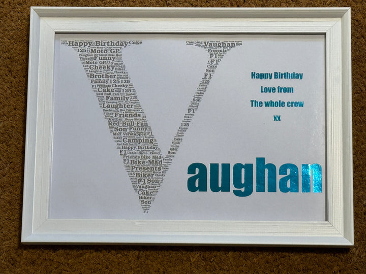 Personalised Name Word Art Frame - Foiled Print - A4 Frame - Your words create the artwork.