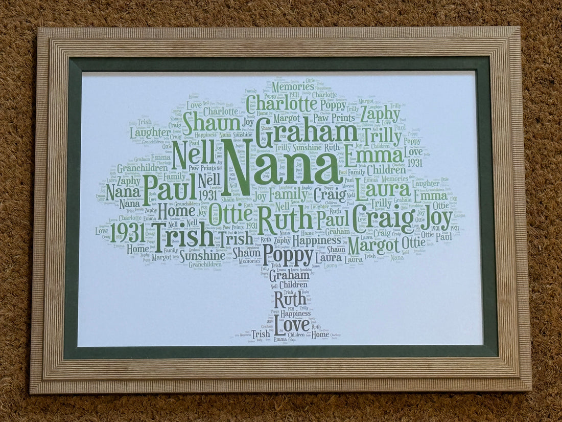 Word Art Typography Shape Framed Print - Personalised with choice of shape, colours and your words.