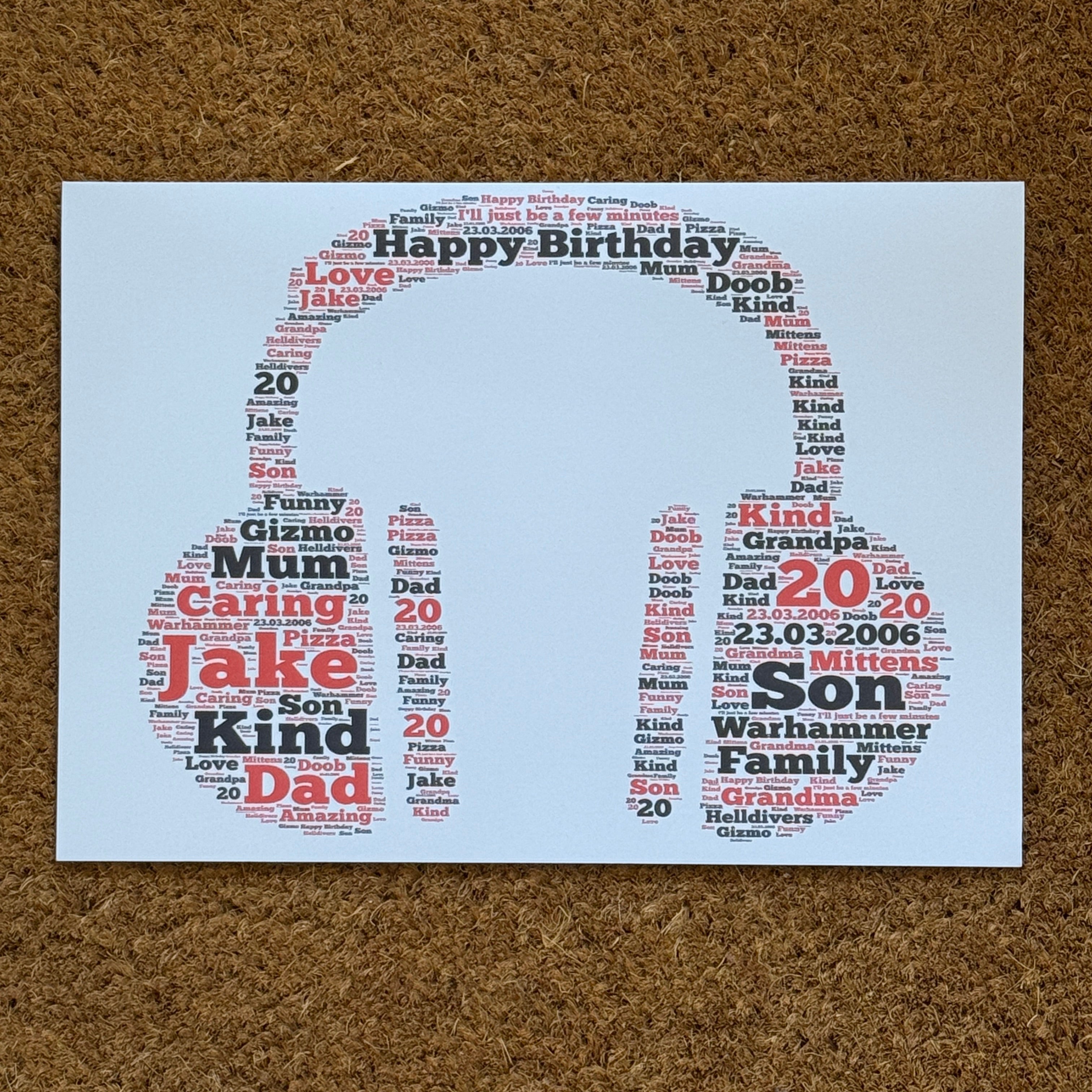 Word Art Birthday Card | Typography Word Cloud | Personalised with your choice of shape, words and colour.