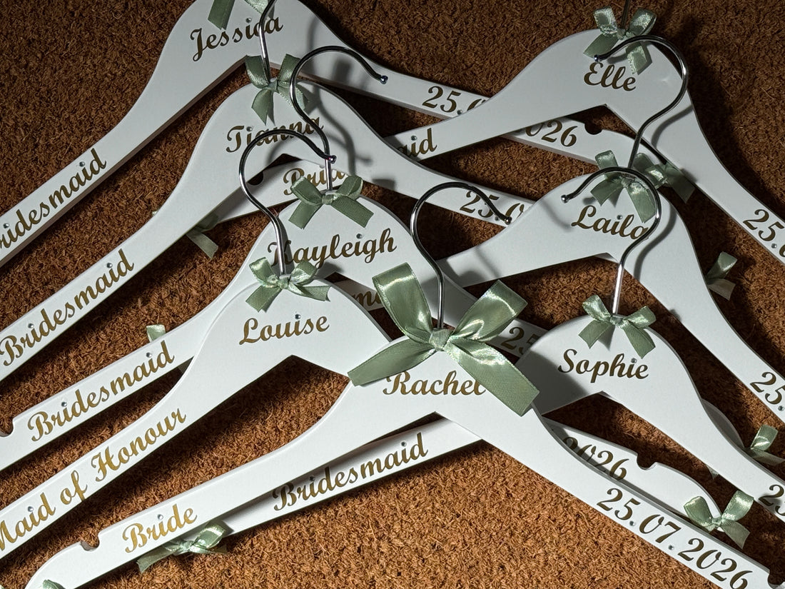 Personalised Wedding Hangers - Set of 8 - Customised with name, date and role - Bows and Writing to match your colours