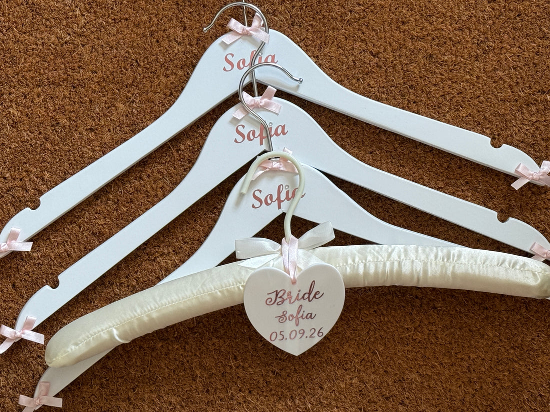 Satin Wedding Dress Hanger and Wooden Bridesmaids Hanger Set | Personalised