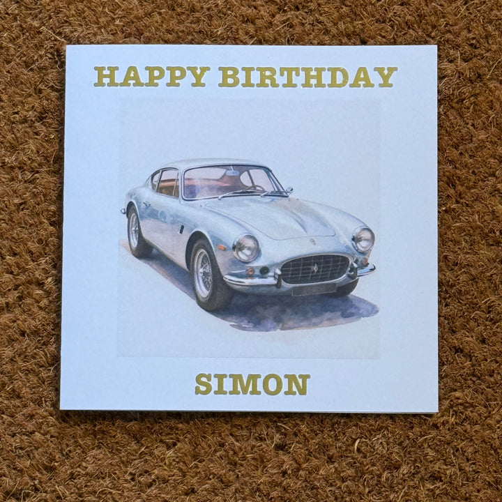 Silver Classic Sports Car Birthday Card | Watercolour Style | Personalised Foiled Message (6x6)