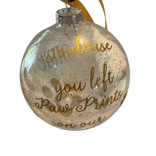 Glass Pet Loss Bauble - Personalised with Name and Message - 8cm clear Christmas Memorial Bauble