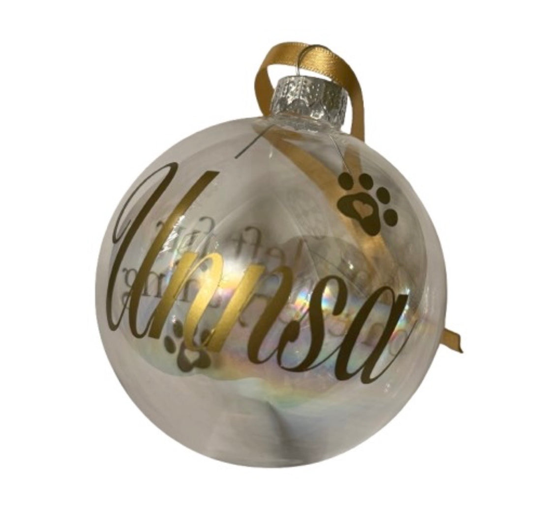 Glass Pet Loss Bauble - Personalised with Name and Message - 8cm clear Christmas Memorial Bauble