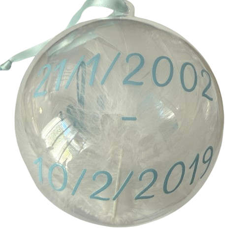Christmas Memory Bauble, Personalised with name. Feather Ornament