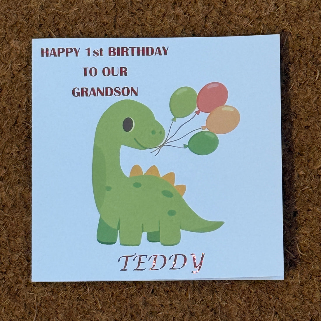 Dinosaur Birthday Card | Foiled Message with Name & Age | Dino with Balloons | 6x6 Kids