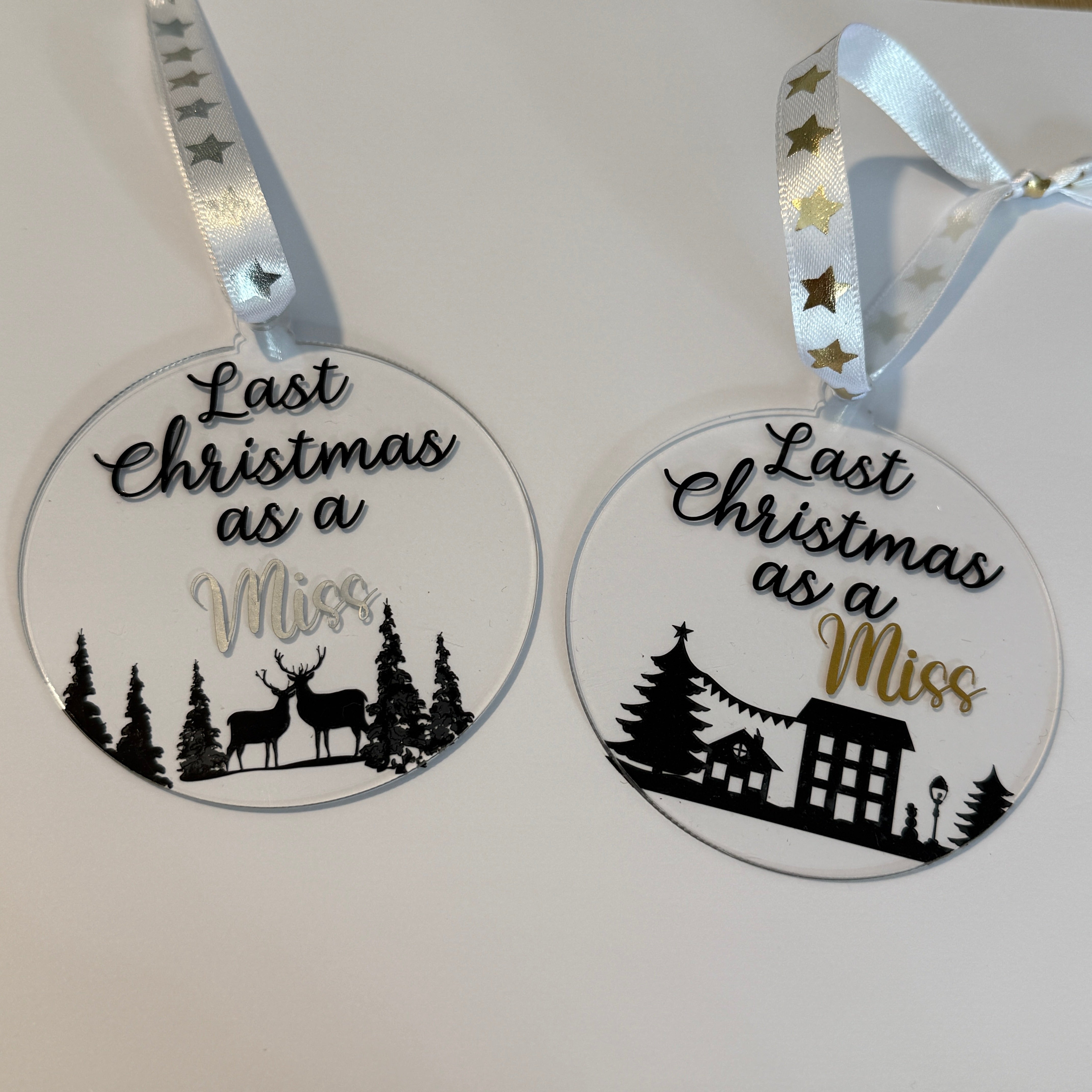 Last Christmas as a Miss. A festive keepsake and thoughtful gift for a bride-to-be. 8cm clear acrylic bauble.