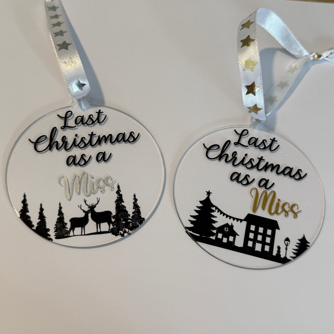Last Christmas as a Miss. A festive keepsake and thoughtful gift for a bride-to-be. 8cm clear acrylic bauble.