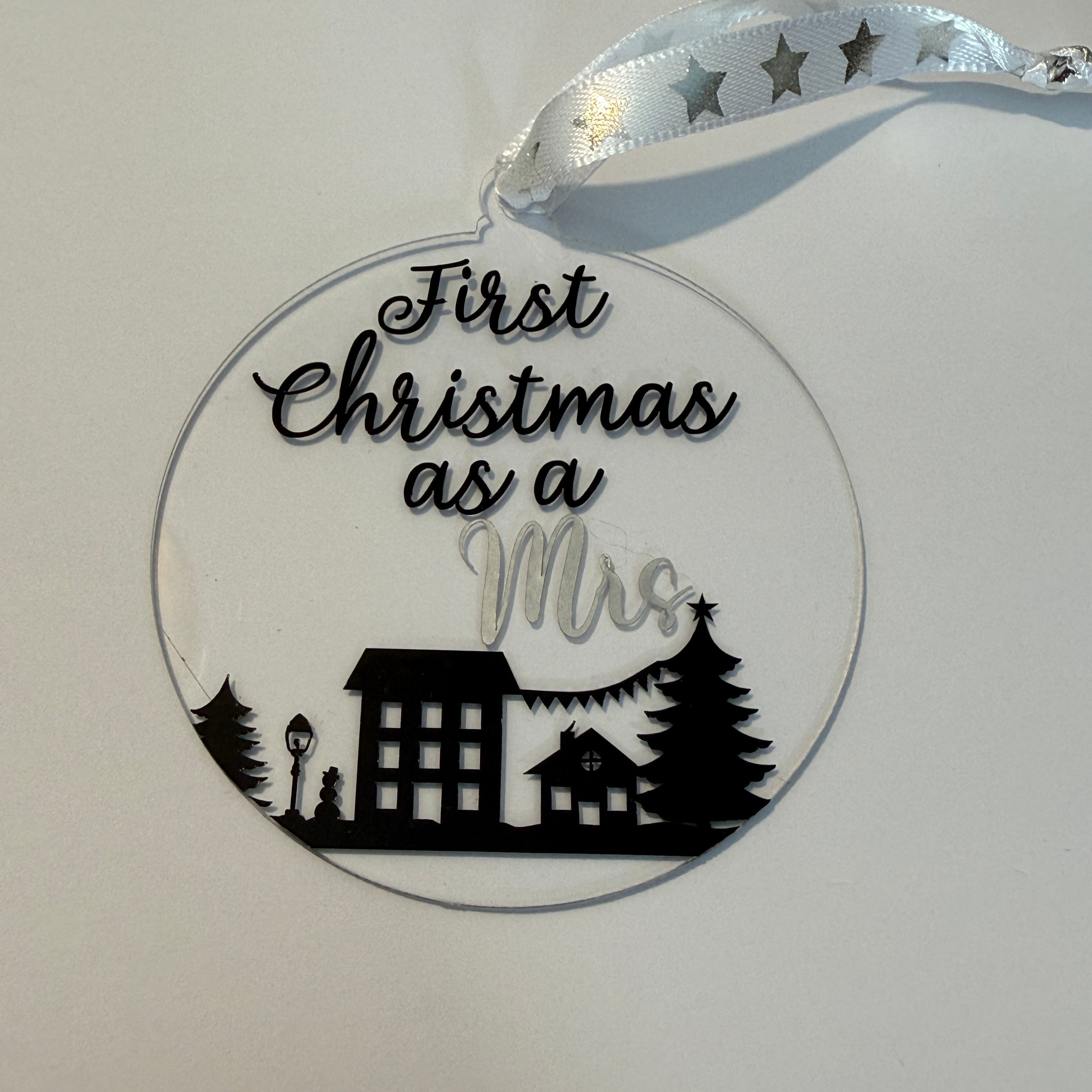 First Christmas as a Mrs Bauble - Two designs to choose and two colours available. 8cm acrylic bauble