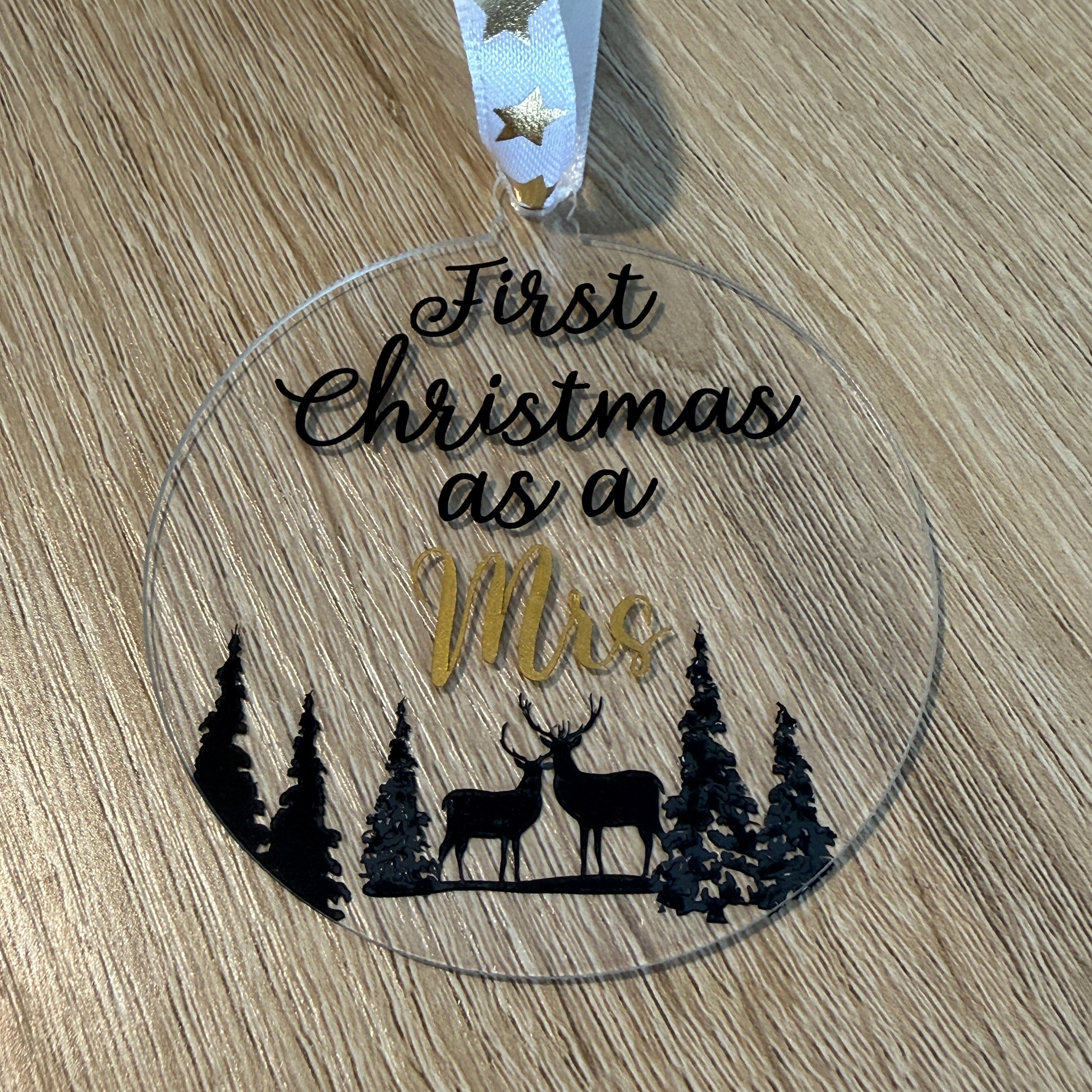 First Christmas as a Mrs Bauble - Two designs to choose and two colours available. 8cm acrylic bauble