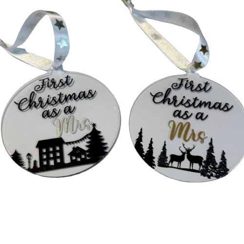 First Christmas as a Mrs Bauble - Two designs to choose and two colours available. 8cm acrylic bauble
