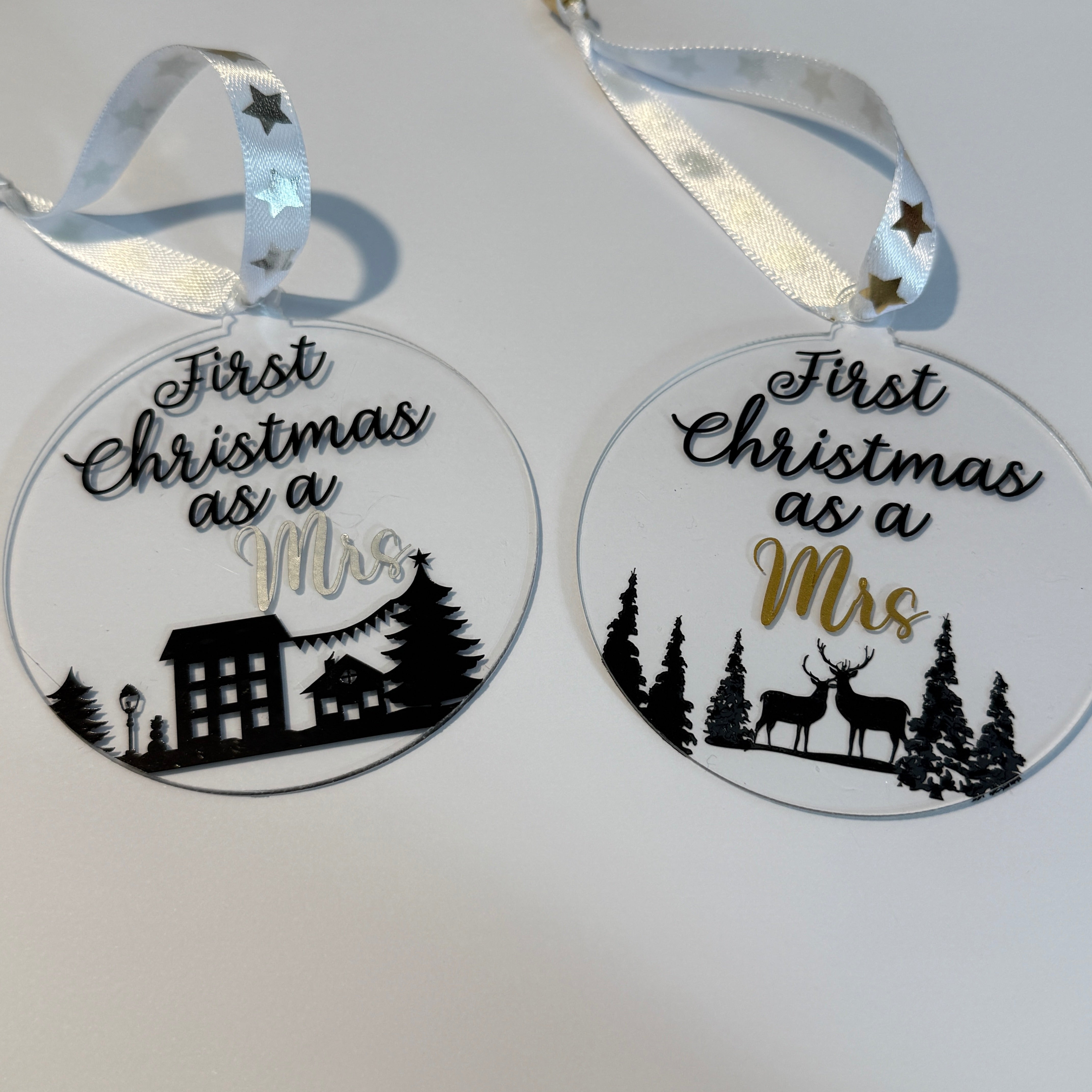 First Christmas as a Mrs Bauble - Two designs to choose and two colours available. 8cm acrylic bauble