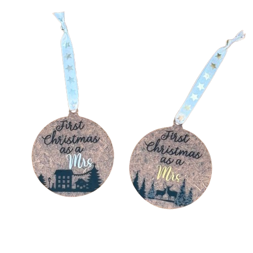 First Christmas as a Mrs Bauble - Two designs to choose and two colours available. 8cm acrylic bauble