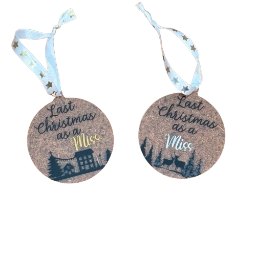 Last Christmas as a Miss. A festive keepsake and thoughtful gift for a bride-to-be. 8cm clear acrylic bauble.
