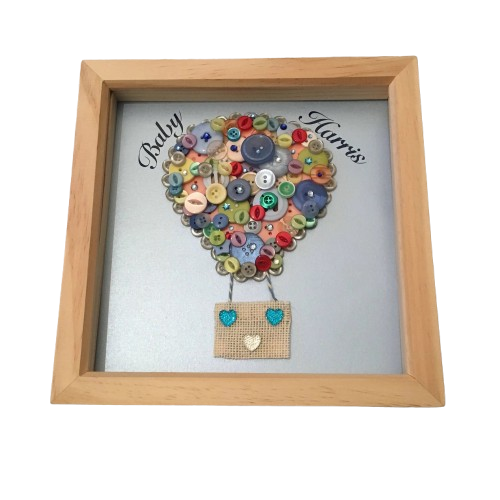 Hot Air Balloon Button Art in White Wood Frame, Nursery Decor