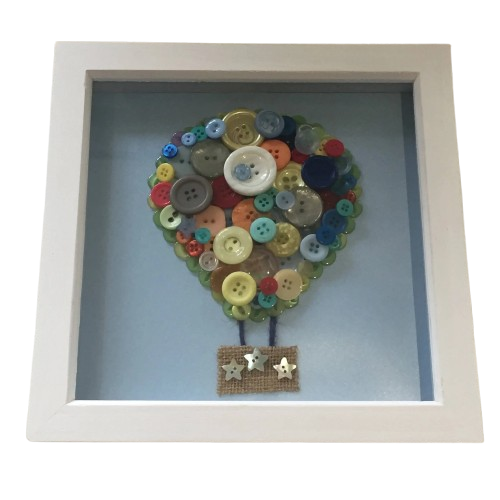 Hot Air Balloon Button Art in White Wood Frame, Nursery Decor