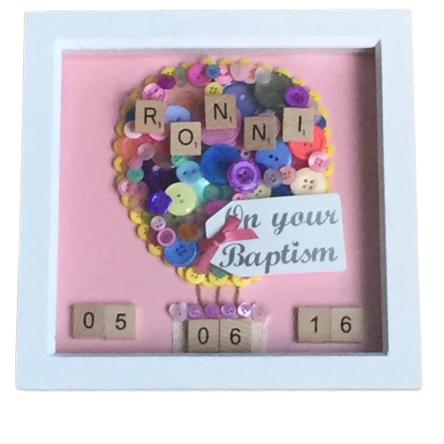 Hot Air Balloon Button Art in White Wood Frame, Nursery Decor