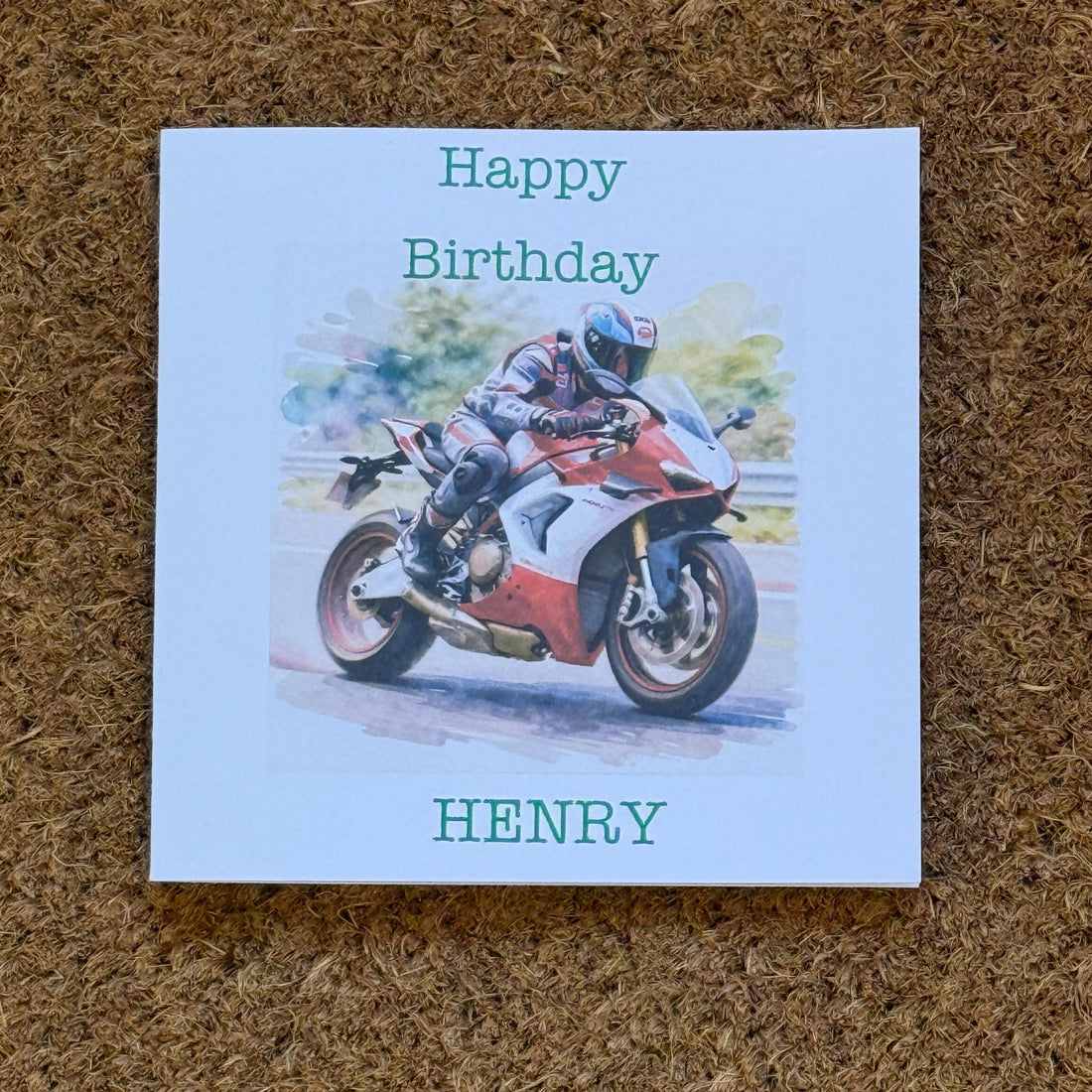 Red Sports Style Motorbike Birthday Card with Rider | Personalised Foiled Message | 6x6 Biker Card