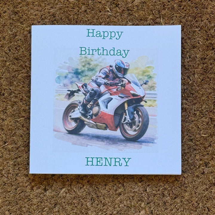 Red Sports Style Motorbike Birthday Card with Rider | Personalised Foiled Message | 6x6 Biker Card
