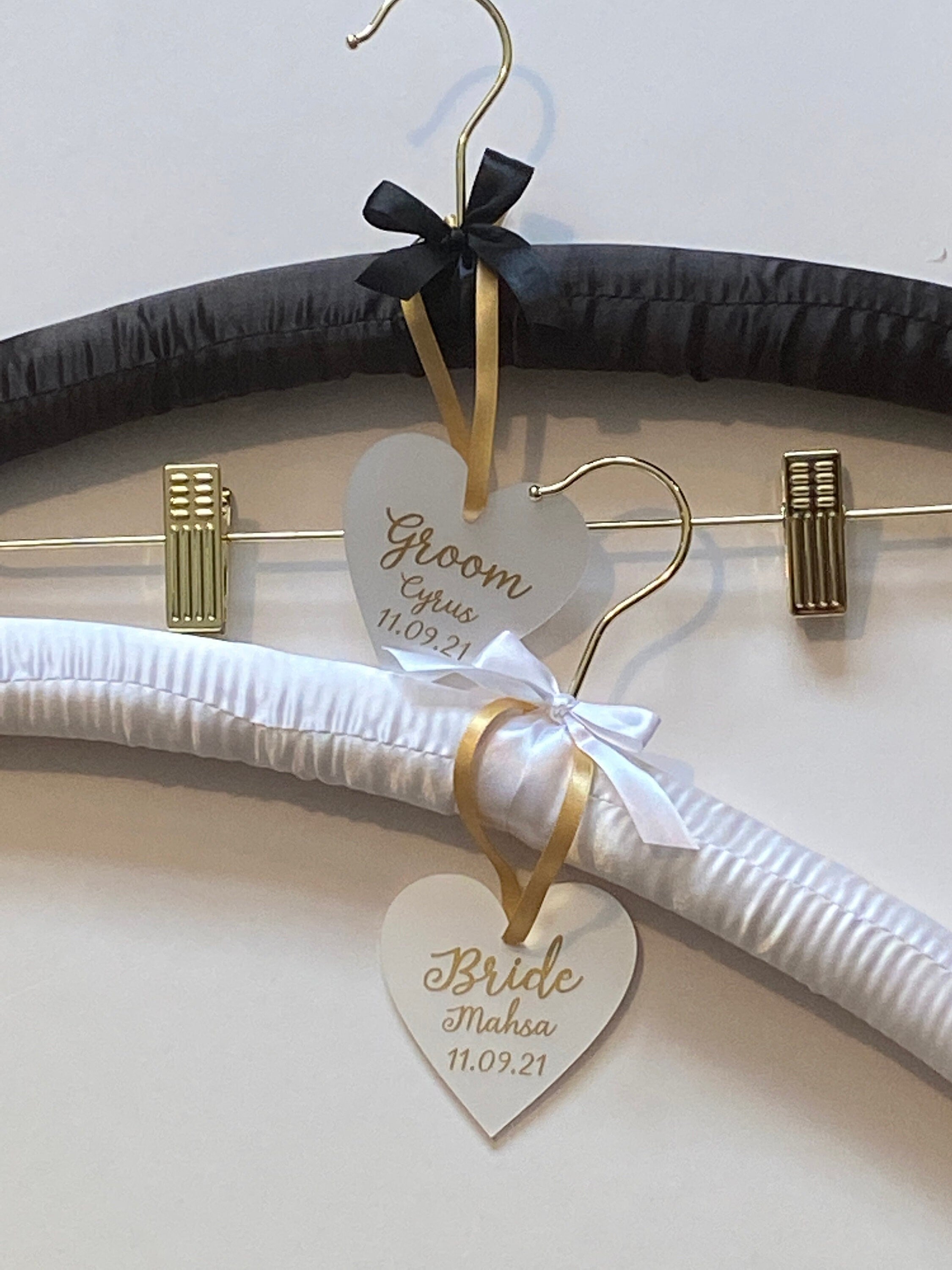 Satin Bride and Groom Padded Hangers - Personalised hearts - Choice of Colours