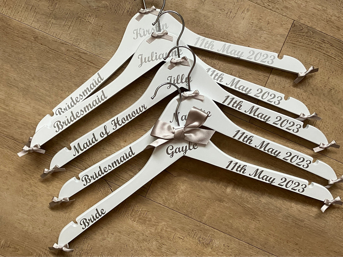 Set of 10 Wedding Hangers | Personalised with name, date, role | Ideal for the Bridal Party