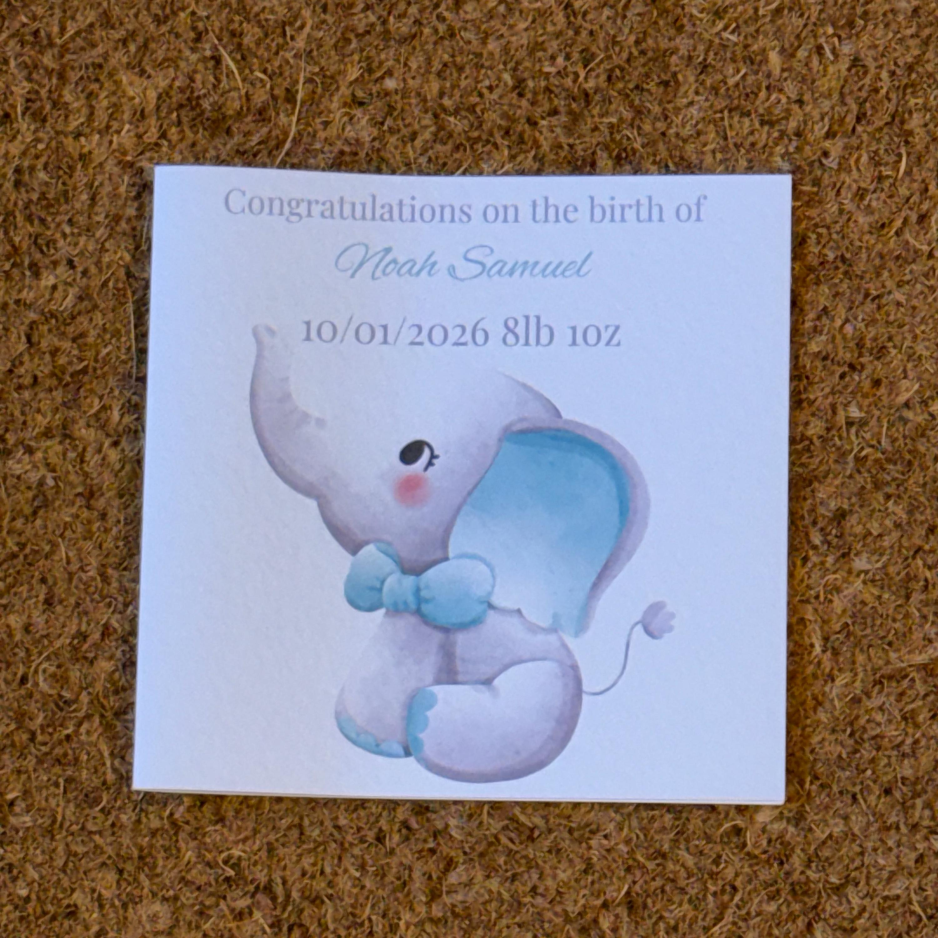 New Baby Elephant Card | Personalised Newborn Congratulations (6x6 inch)
