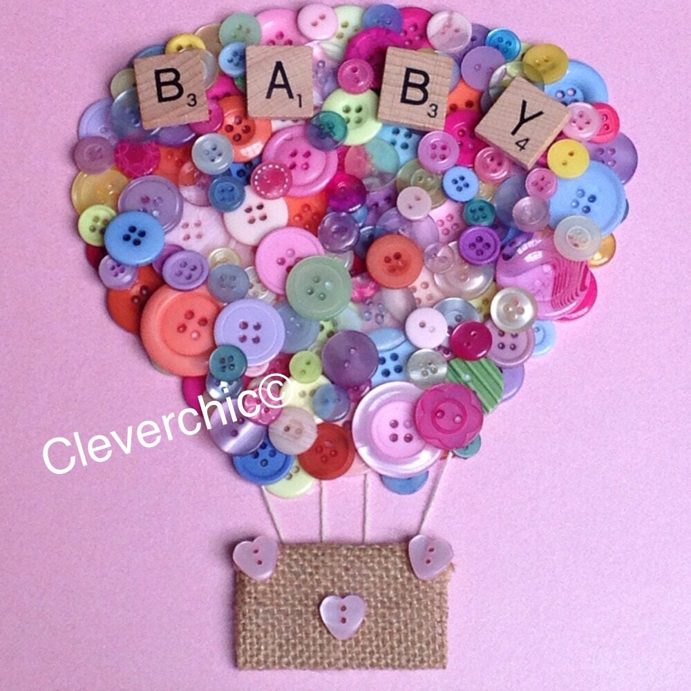 Hot Air Balloon Button Art in White Wood Frame, Nursery Decor