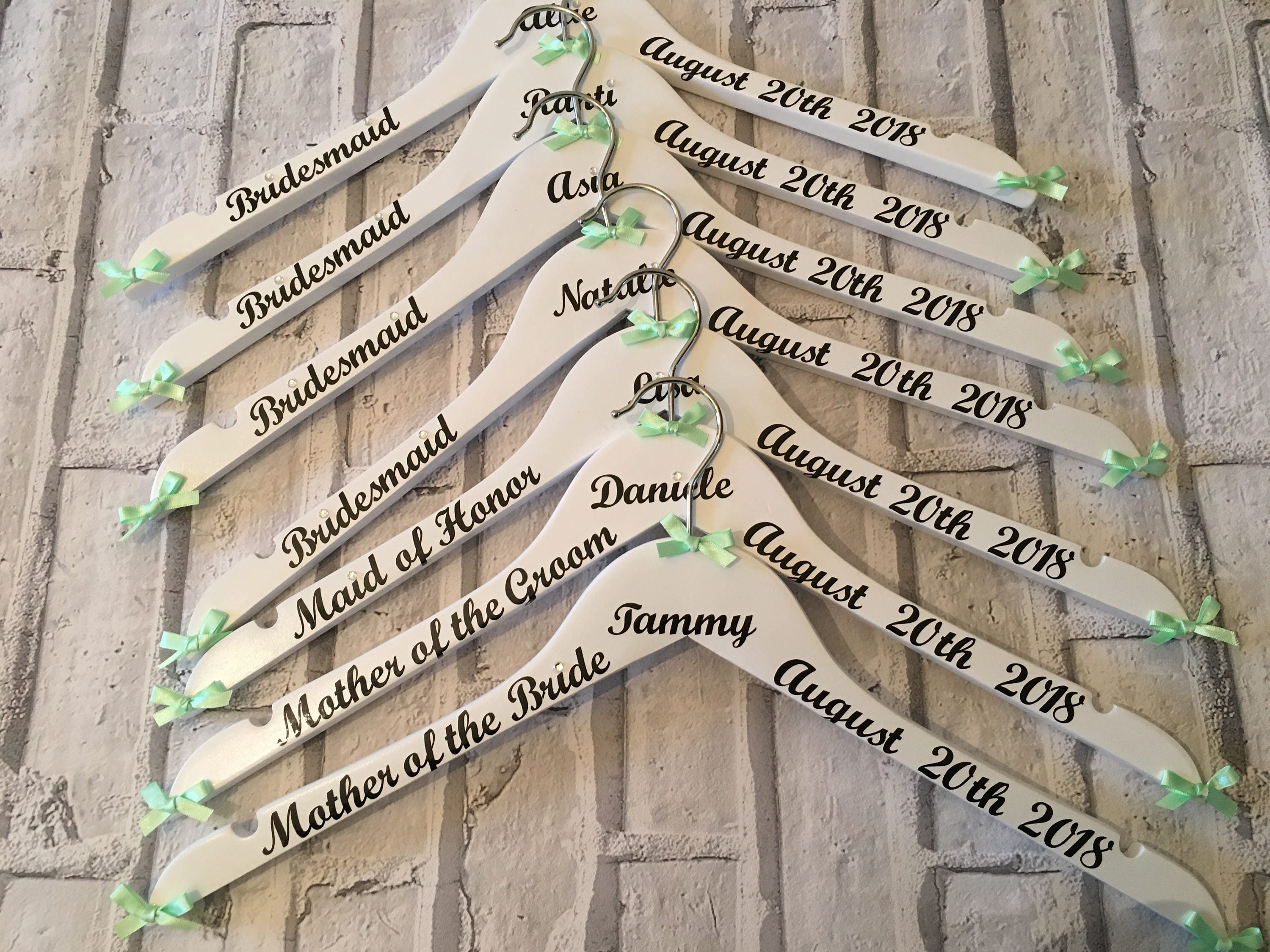 Wedding Outfit Hangers - Personalised set of 6 - Name, Date and Role - Choice of Colours