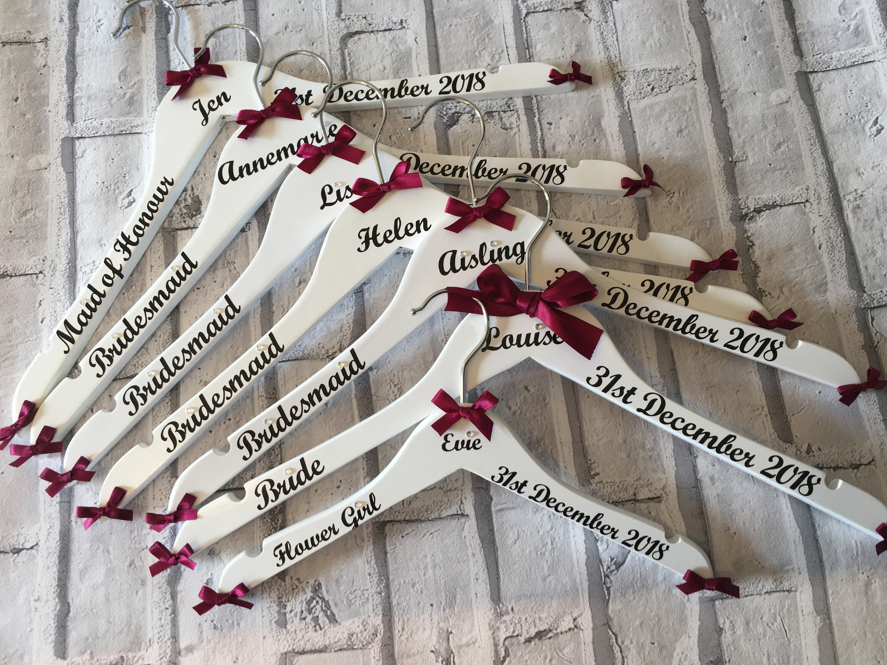 Personalised Wedding Hangers - Set of 8 - Customised with name, date and role - Bows and Writing to match your colours