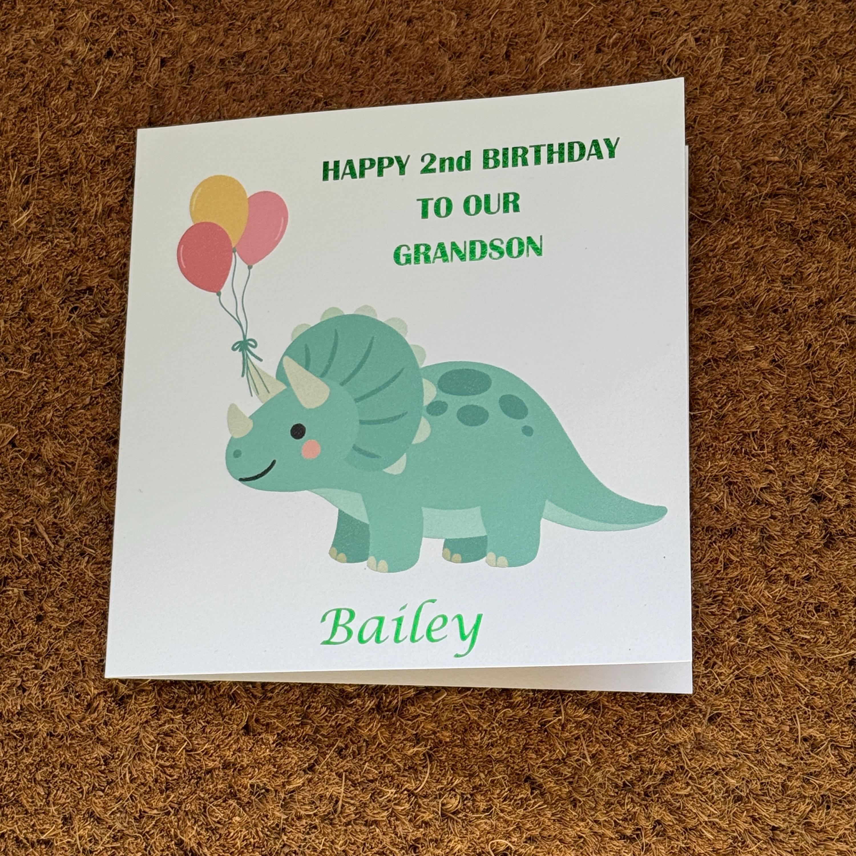 Dinosaur Birthday Card | Foiled Message with Name & Age | Dino with Balloons | 6x6 Kids