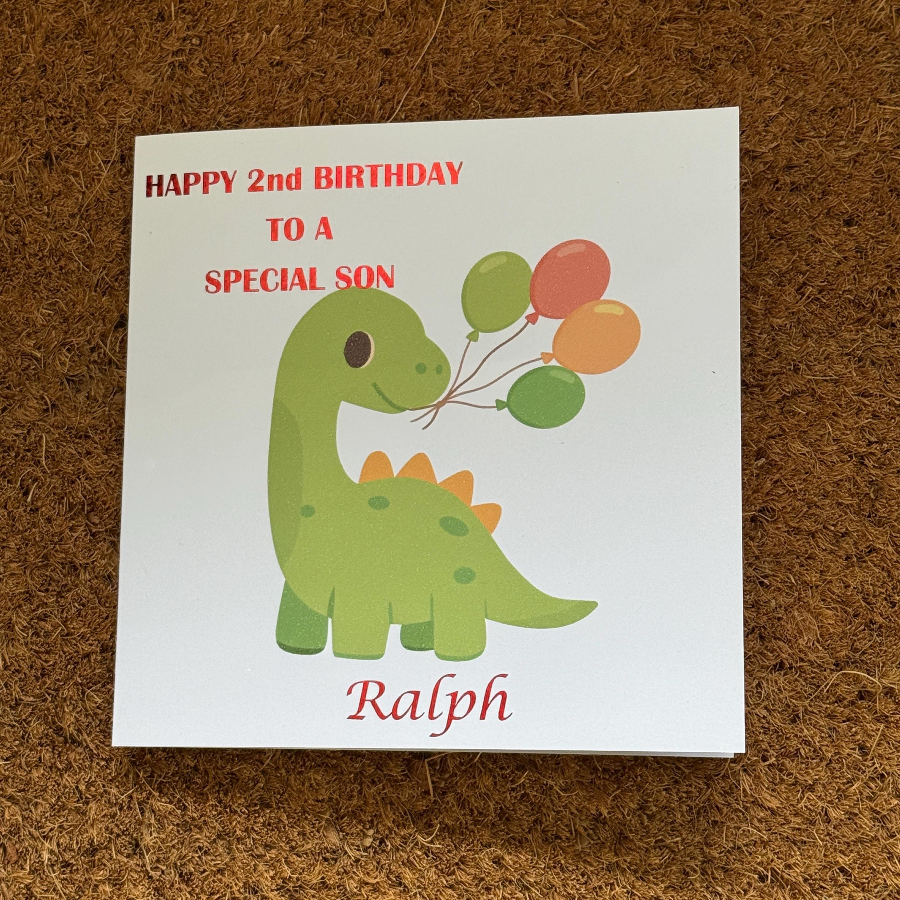 Dinosaur Birthday Card | Foiled Message with Name & Age | Dino with Balloons | 6x6 Kids