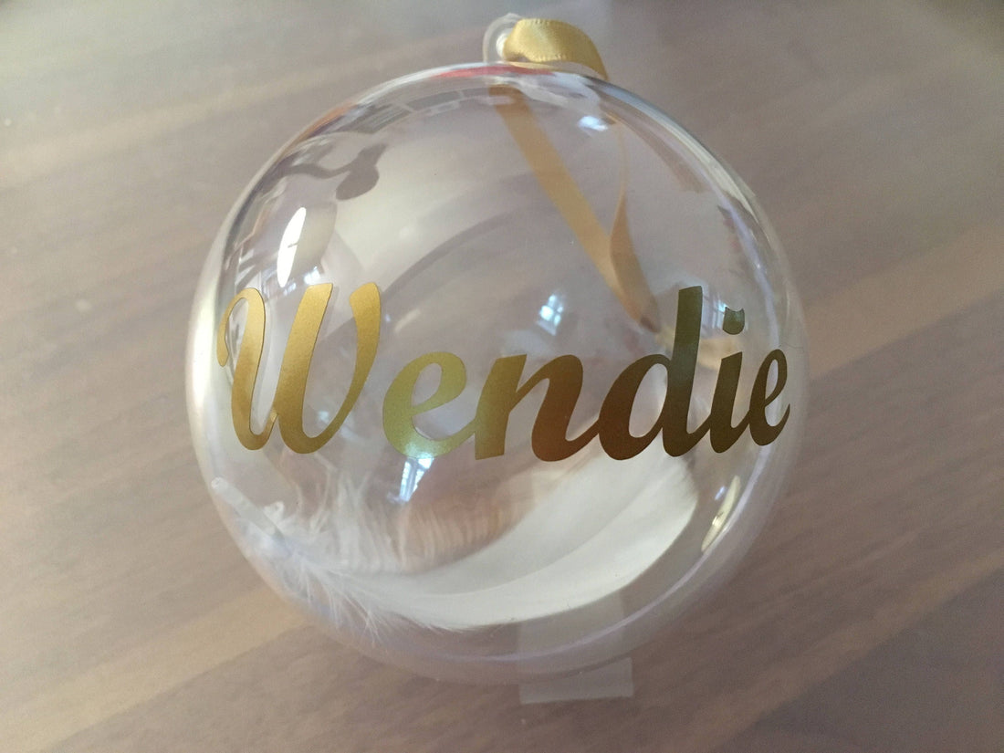 Christmas Memory Bauble, Personalised with name. Feather Ornament