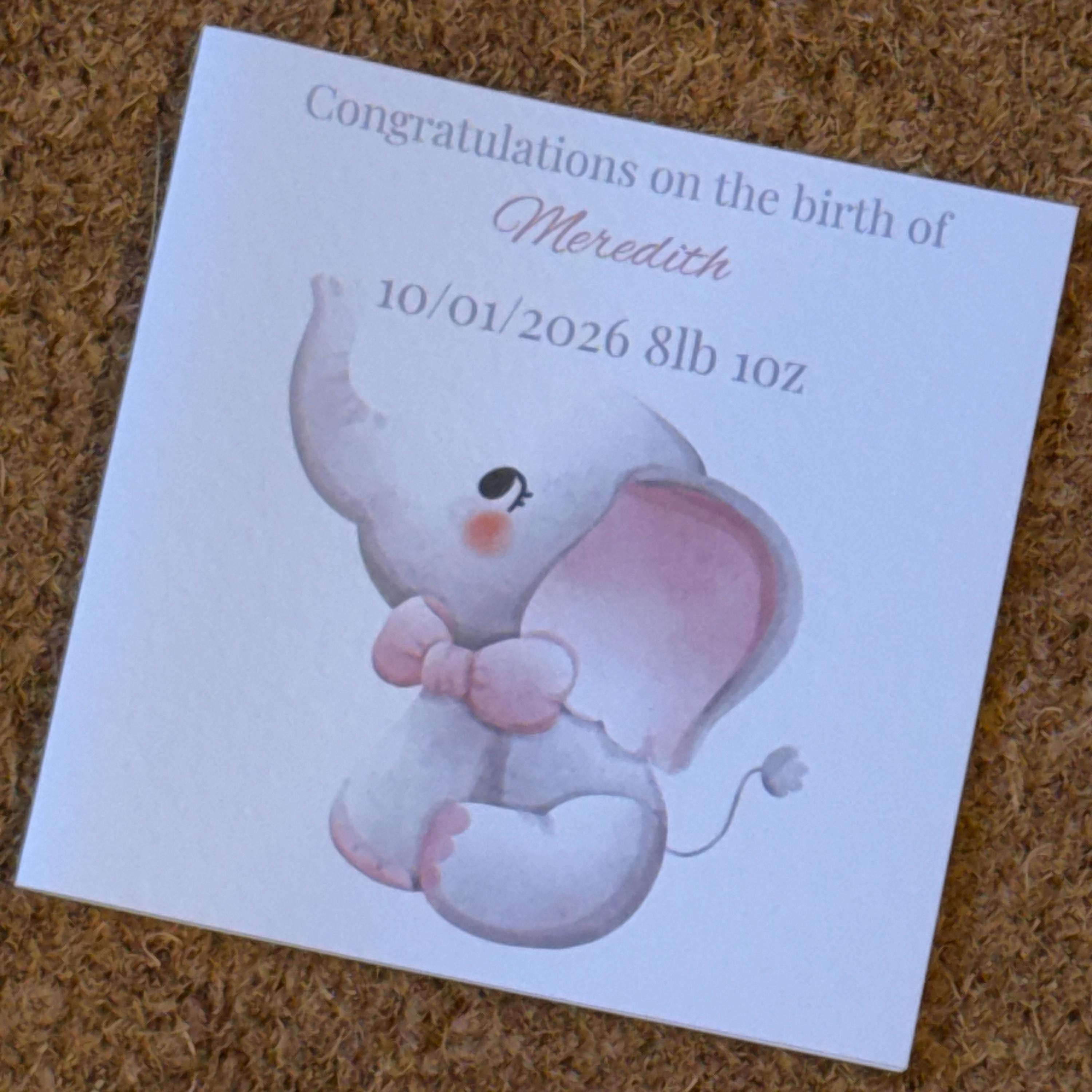 New Baby Elephant Card | Personalised Newborn Congratulations (6x6 inch)