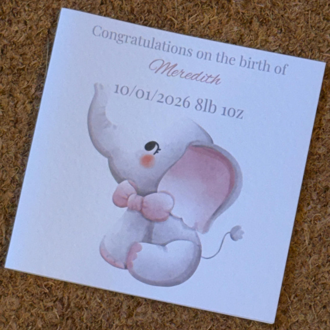 New Baby Elephant Card | Personalised Newborn Congratulations (6x6 inch)