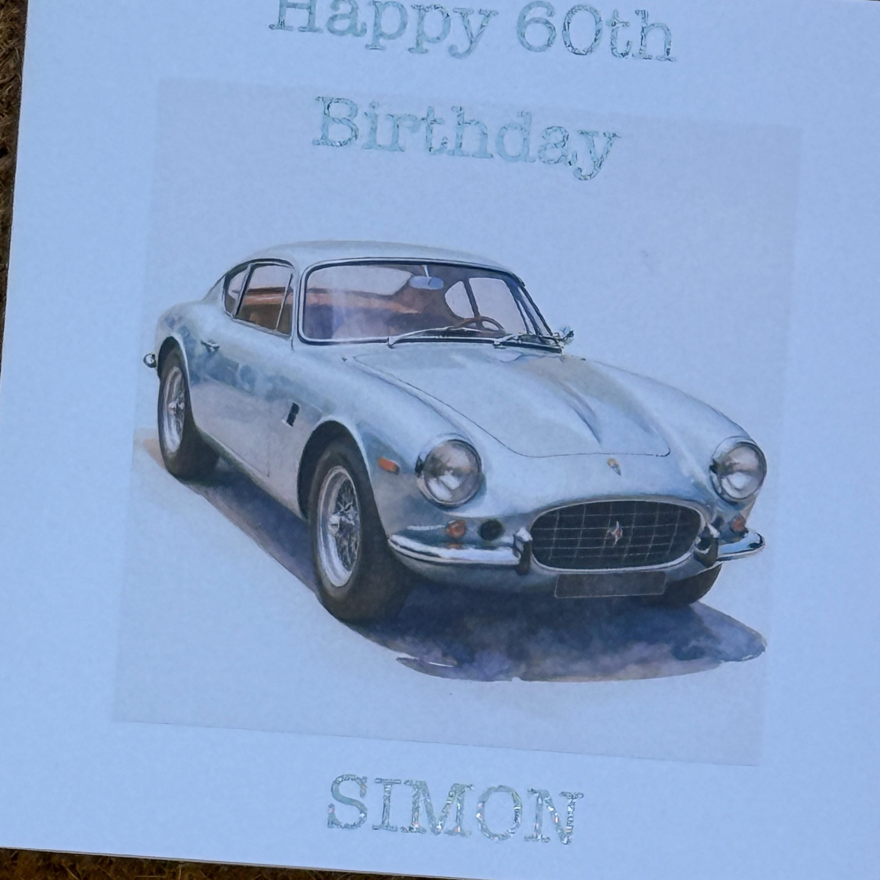 Silver Classic Sports Car Birthday Card | Watercolour Style | Personalised Foiled Message (6x6)