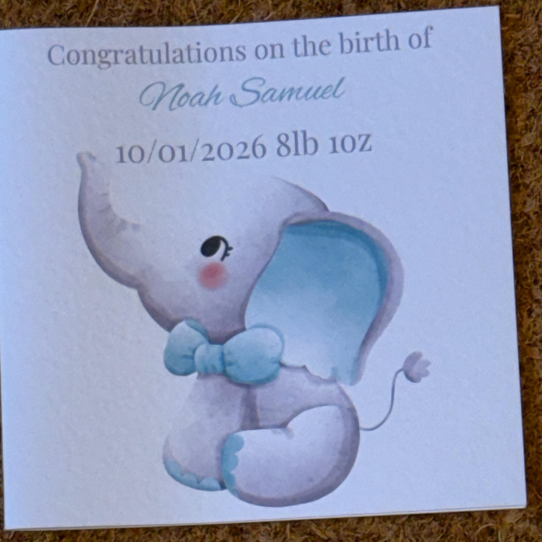 New Baby Elephant Card | Personalised Newborn Congratulations (6x6 inch)