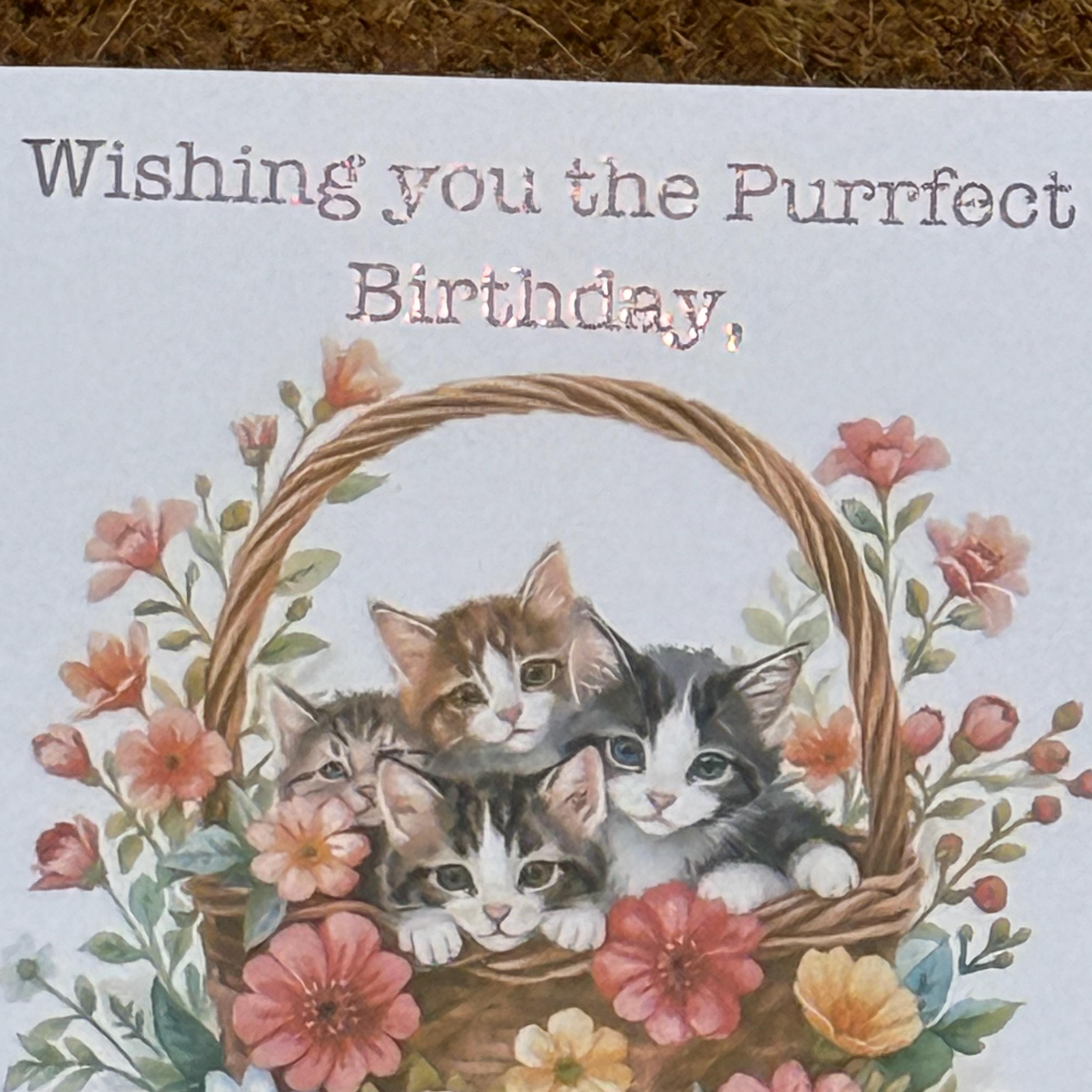 Purrfect Birthday Card | Watercolour Style Basket of Kittens, Personalised Foiled Message (6x6 Inch)