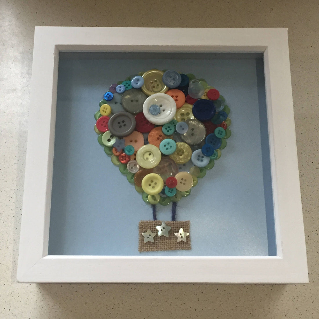 Hot Air Balloon Button Art in White Wood Frame, Nursery Decor
