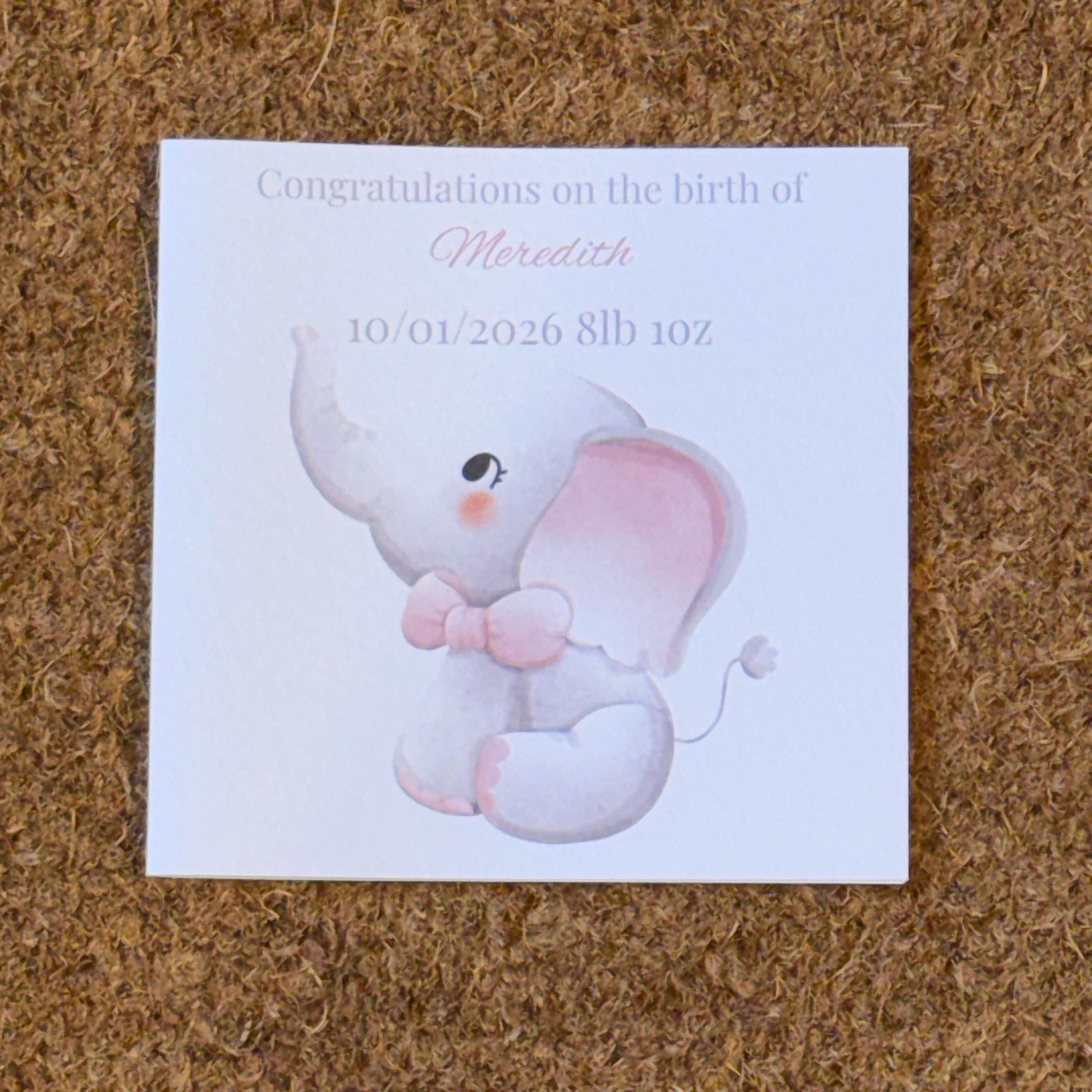 New Baby Elephant Card | Personalised Newborn Congratulations (6x6 inch)