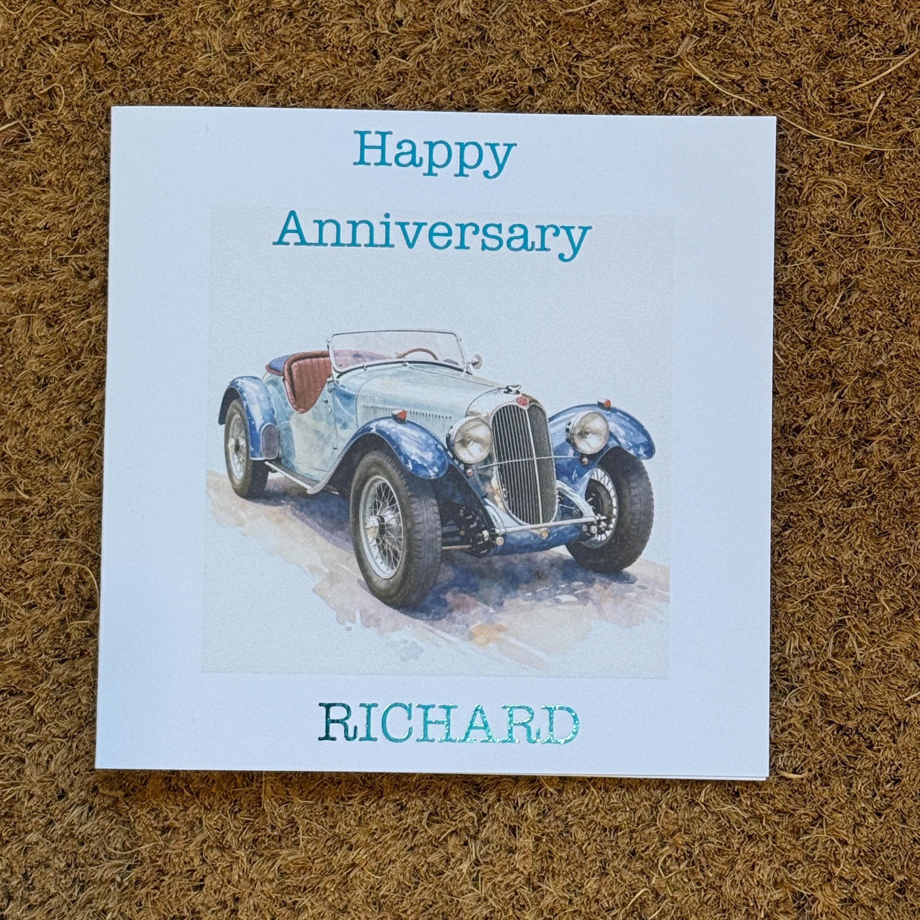 Watercolour Style Classic Car Birthday Card | Personalised Foiled Message, 6x6 inches
